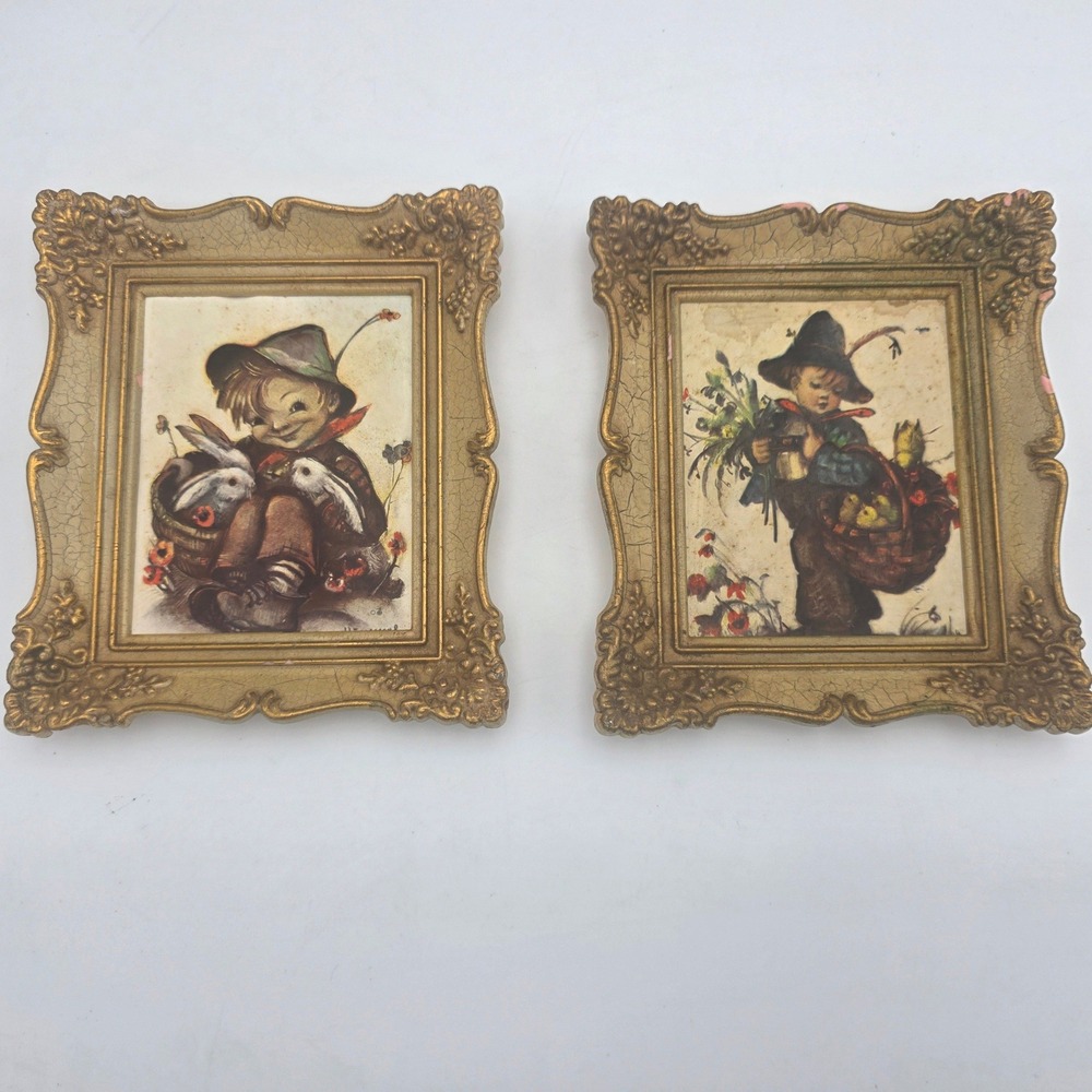 Vintage Hummel Style Framed Prints Set of 2 Gold Ornate Crackle Frame Wall Art